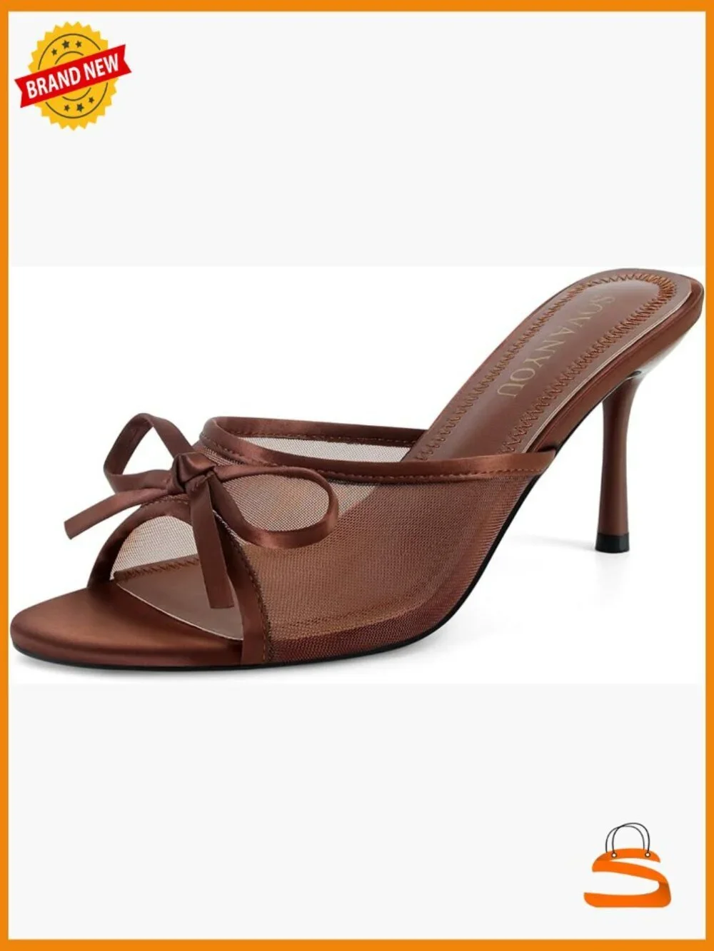Open Round Toe Mesh Mule Heels with Bow Slip On Stiletto Backless Sandals
